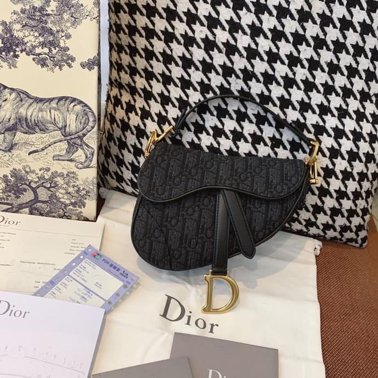 Christian Dior Saddle Bag Black Oblique Embroidered Canvas Gold Toned